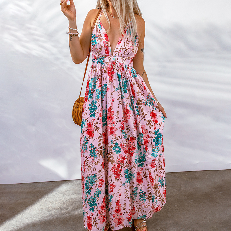 CM | Vestido largo de mujer - Estampado floral - Escote en pico - Mezcla transpirable - Corte holgado