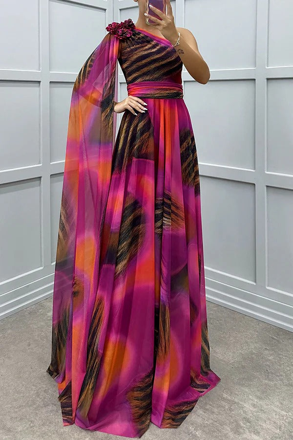 CM | Lucia Impresión única Detalle Floral Un Hombro Vestido Manga Drapeada Maxi Vestido