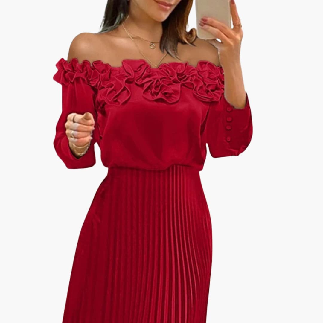 CM | maxi vestido de mujer con escote off-the-shoulder y falda plisada