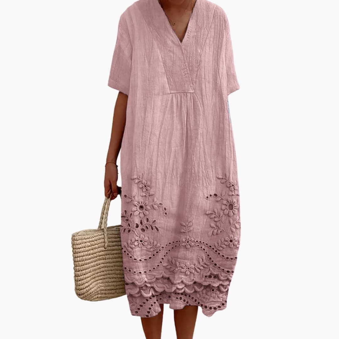 CM | Vestido midi de verano para mujer con bordados y manga corta