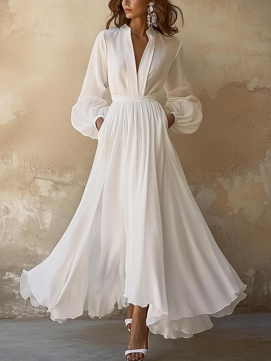 CM | Vintage Sencillo maxi vestido blanco con escote en V