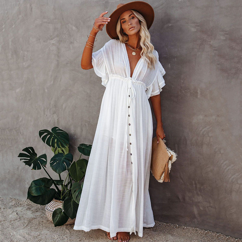 CM | maxi vestido de mujer - corte fluido - mangas fruncidas - escote en V - tapeta de botones - cintura elástica