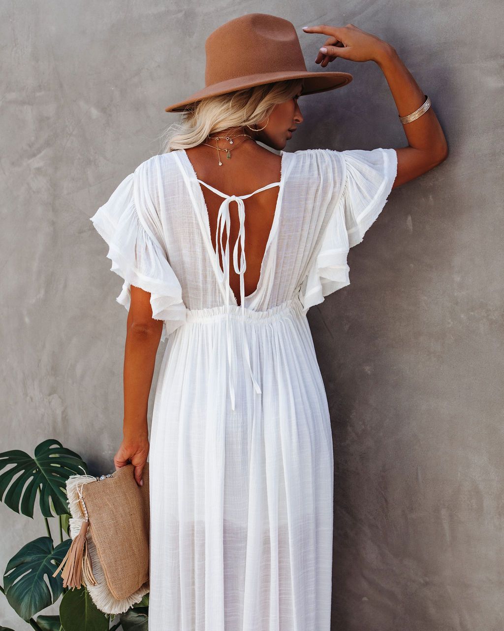 CM | maxi vestido de mujer - corte fluido - mangas fruncidas - escote en V - tapeta de botones - cintura elástica