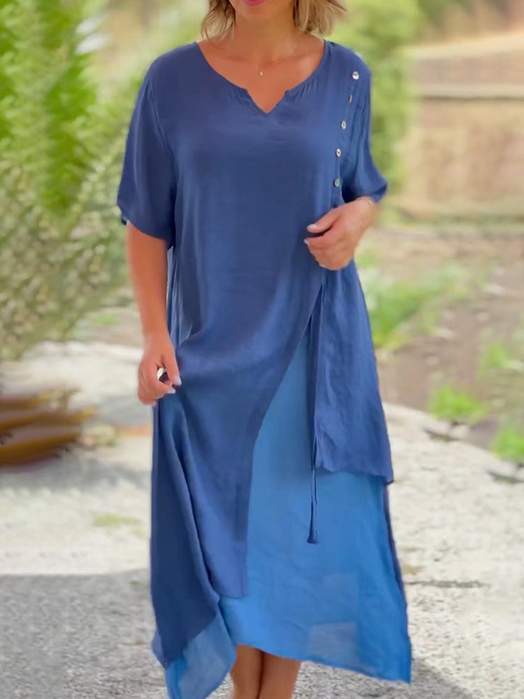 CM | Asimétrico Verano Cuello en V Manga Corta Patchwork Split Loose Casual Tobillo Longitud Vestido Largo