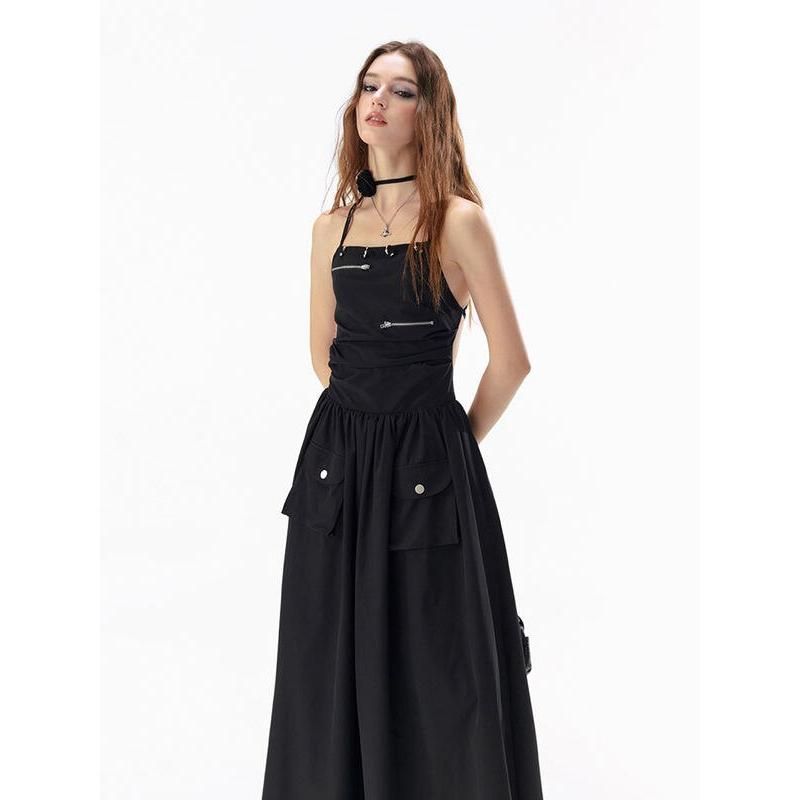CM | Elegante Básico Negro Sólido Sin Espalda Vendaje Maxi Vestido con Bolsillos