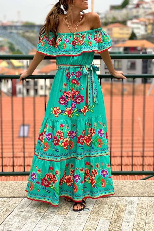 CM | Vestido largo estampado con hombros al aire
