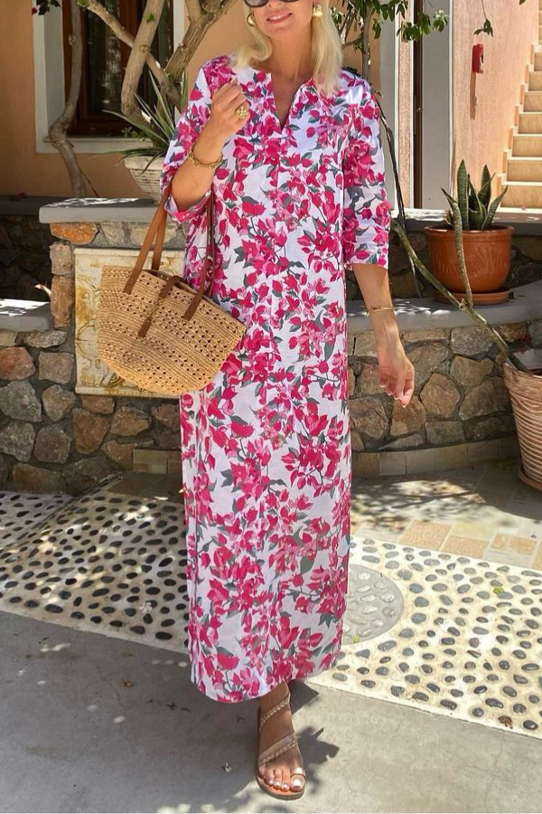 CM | Vestido largo con escote en V y mangas cortas florales
