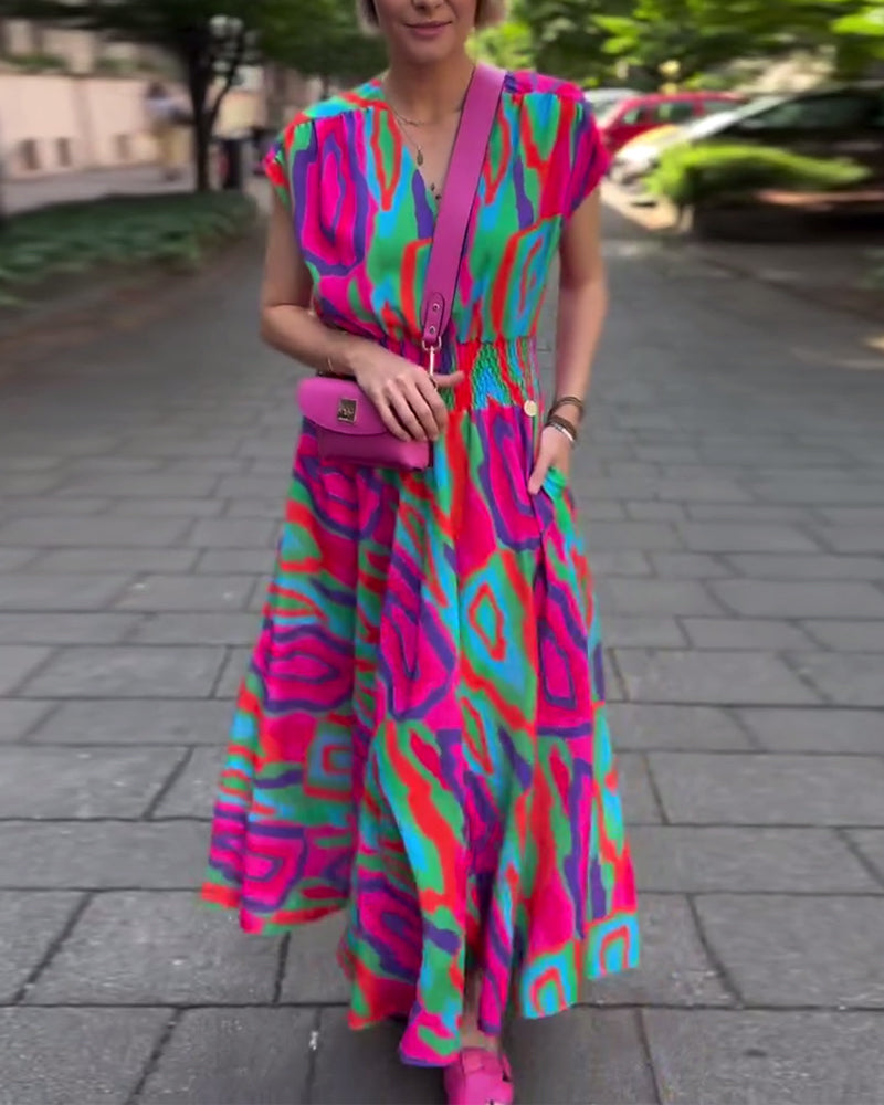 CM | Vestido largo con estampado de colores, escote en V y mangas raglán