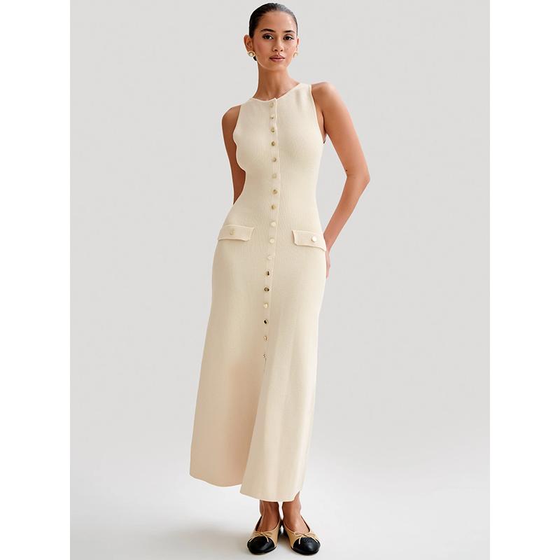 CM | Elegante maxi vestido abotonado sin mangas para mujer
