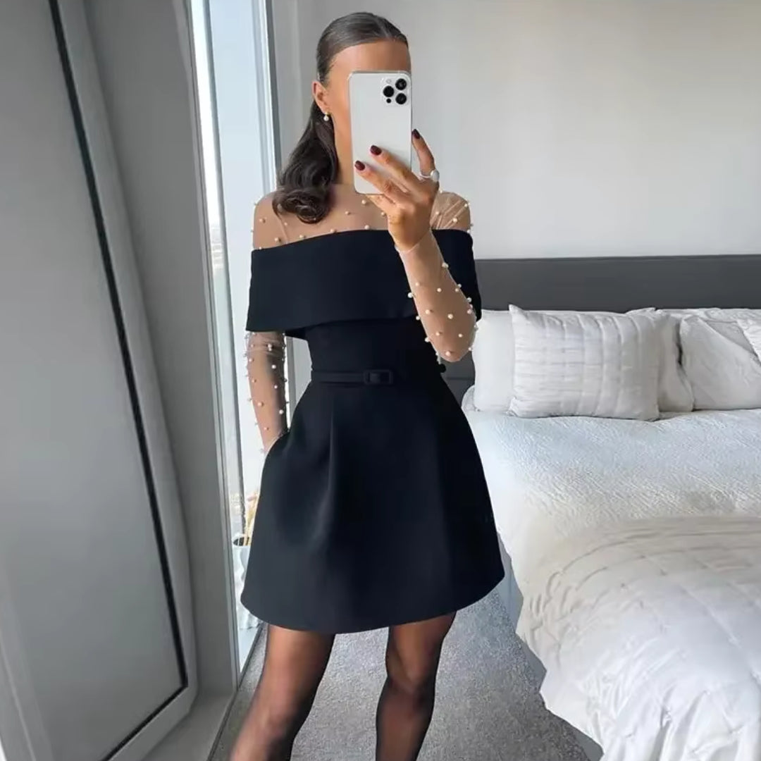 CM | Minivestido de terciopelo sin hombros para mujer