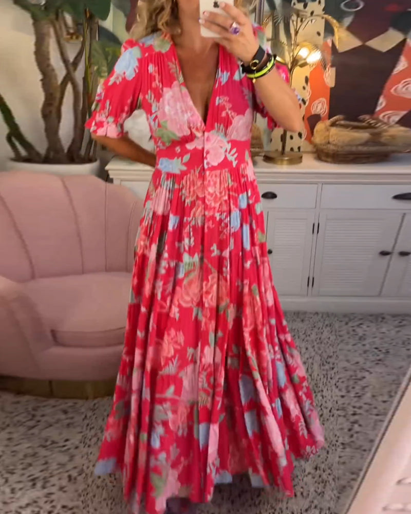 CM | maxi vestido floral de manga corta y cuello en V