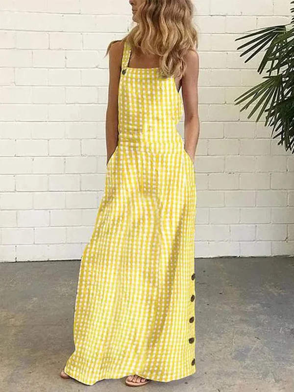 CM | Vestido largo de mujer - Estampado guinga - Corte holgado - Escote cuadrado - Tirantes anchos - Tapeta de botones