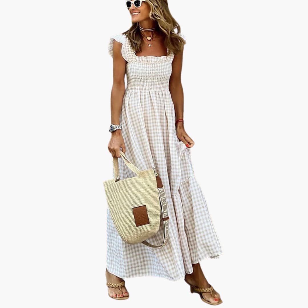 CM | maxi vestido sin mangas para mujer con corpiño fruncido