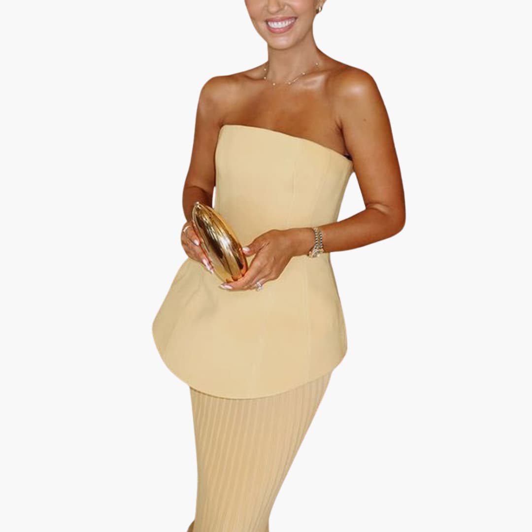 CM | maxi vestido sin tirantes para mujer con falda plisada y corpiño peplum