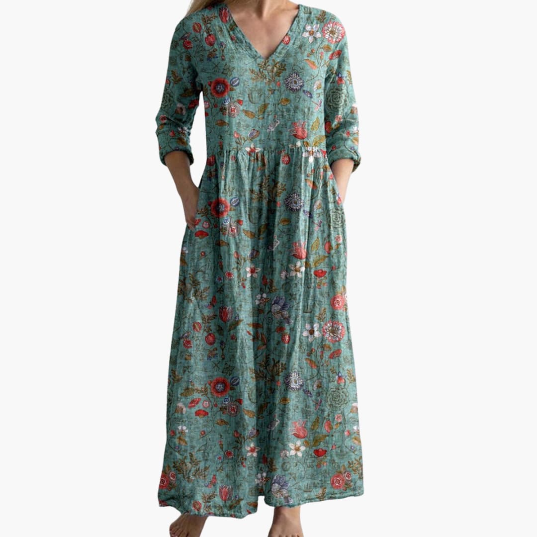 CM | Vestido largo floral de mujer con escote en V y bolsillos laterales
