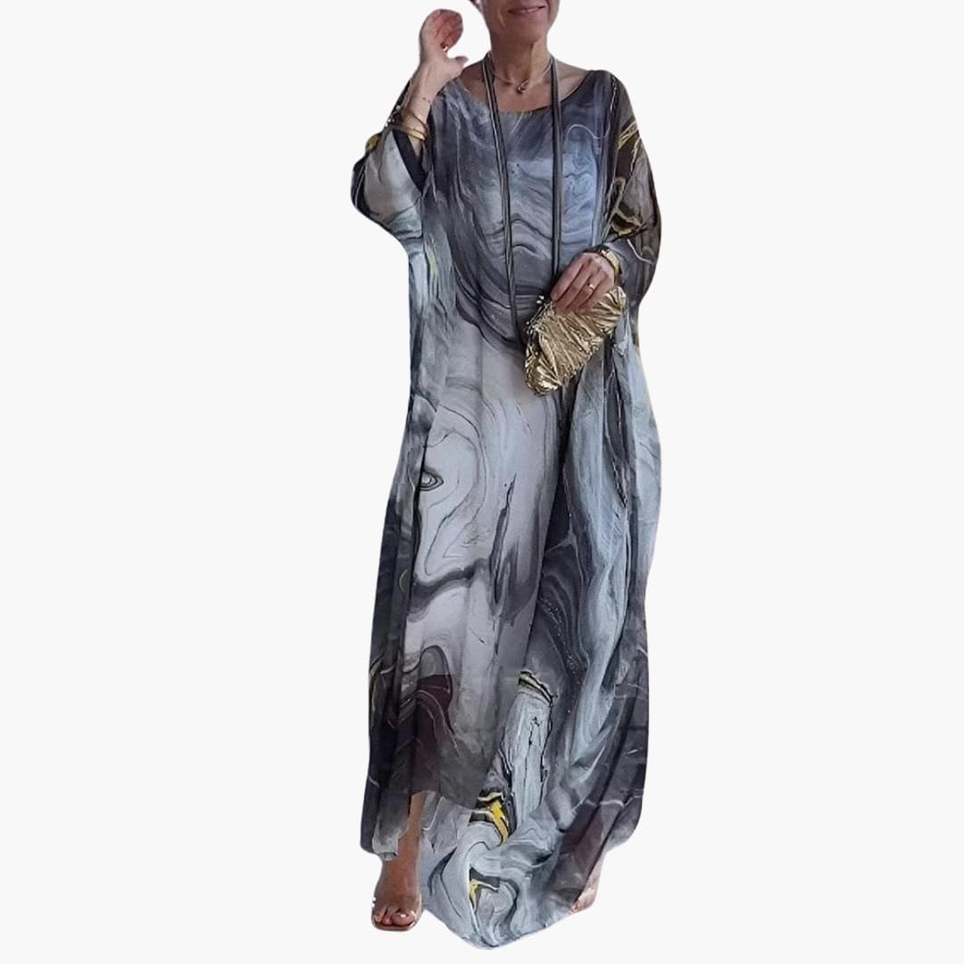 CM | Maxi vestido de mujer en gasa de seda con mangas murciélago y superposiciones