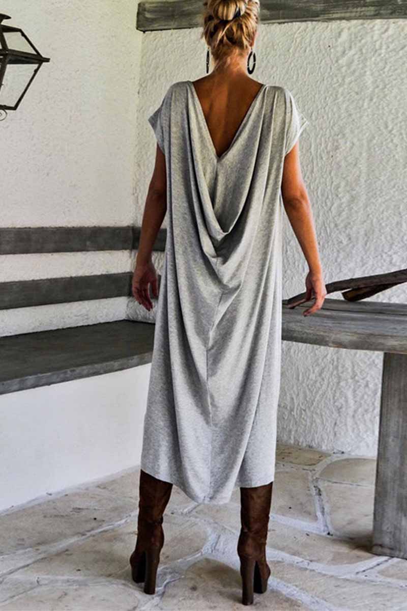 CM | Color sólido Espalda abierta Cuello en V Mangas cortas Vestido midi