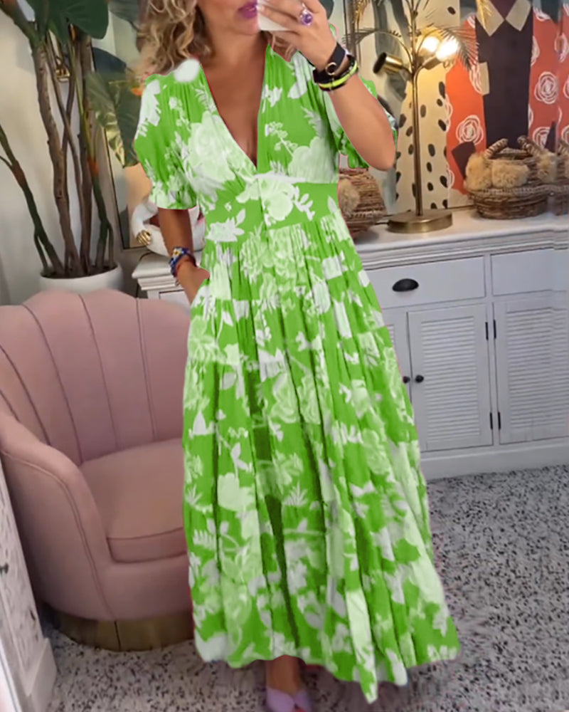 CM | maxi vestido floral de manga corta y cuello en V