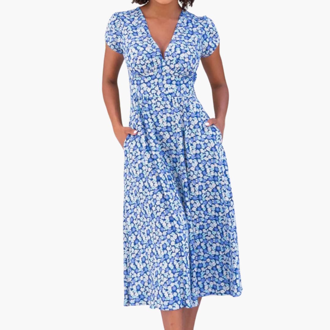 CM | Vestido midi floral de mujer con bolsillos y manga corta