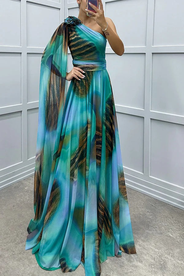 CM | Lucia Impresión única Detalle Floral Un Hombro Vestido Manga Drapeada Maxi Vestido