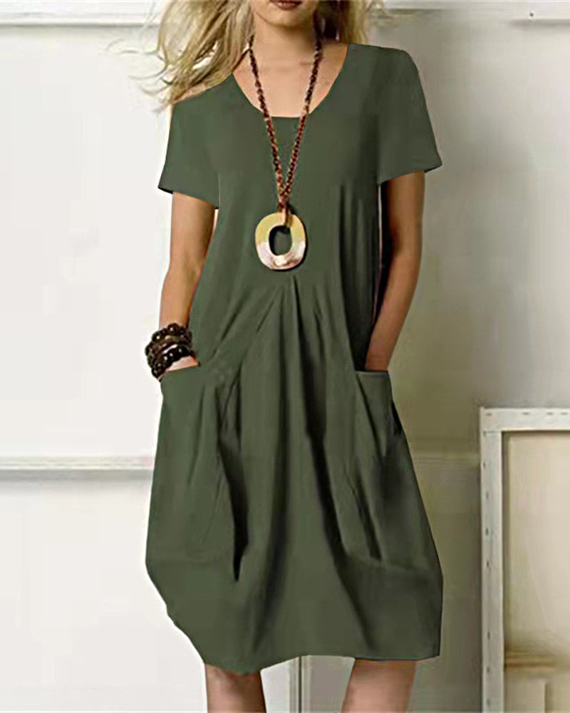 CM | Vestido de verano holgado Vestido midi Vestido de playa de manga corta con bolsillos
