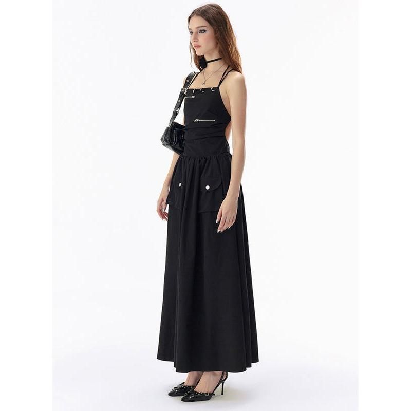 CM | Elegante Básico Negro Sólido Sin Espalda Vendaje Maxi Vestido con Bolsillos