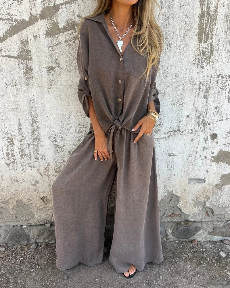 CM | Elegante conjunto de verano para mujer con pantalones anchos y blusa abotonada de manga larga