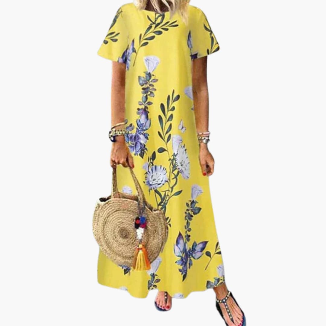 CM | maxi vestido de mujer con estampado floral, manga corta y escote redondo
