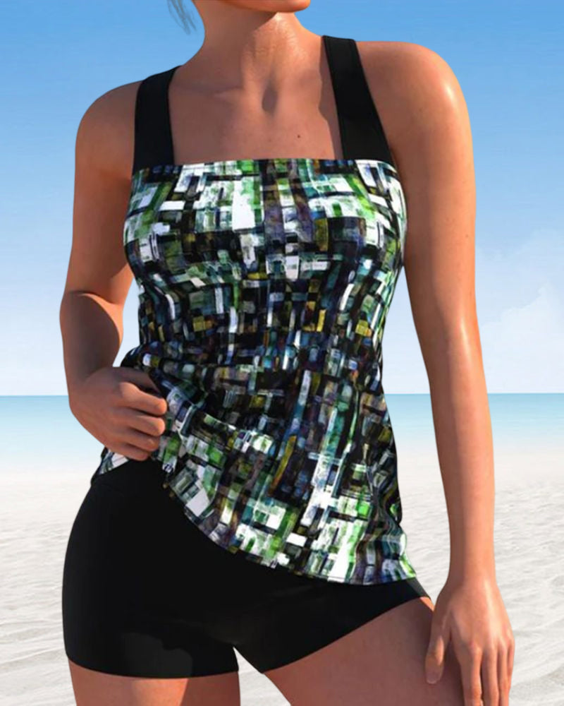 CM | Traje de baño tankini estampado con escote cuadrado