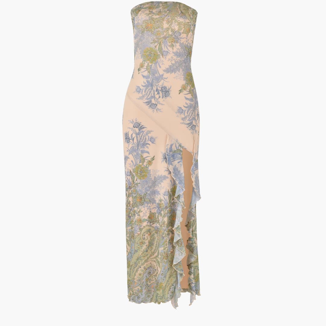 CM | maxi vestido sin tirantes con estampado floral y abertura alta en el bajo