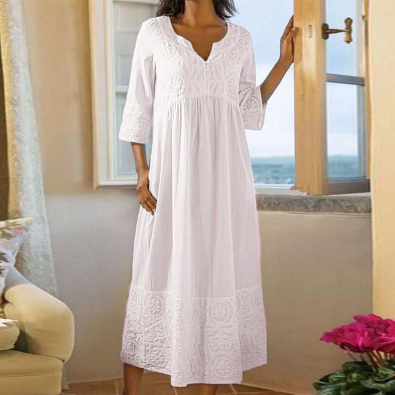 CM | Vestido de encaje monocolor de algodón y lino