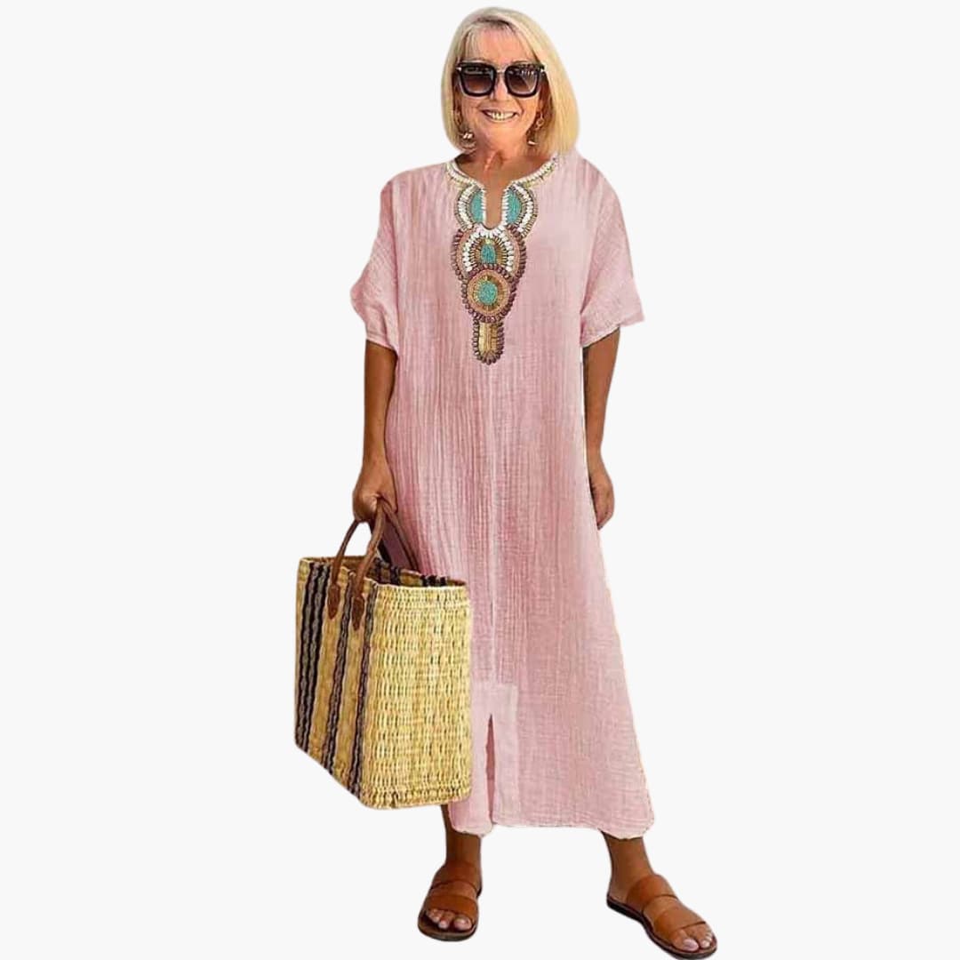 CM | maxi vestido boho de mujer con mangas cortas y abertura lateral