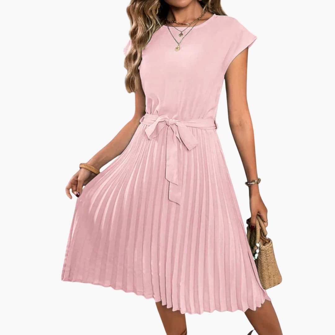 CM | Vestido midi informal de mujer con falda plisada y cinturón de anudar