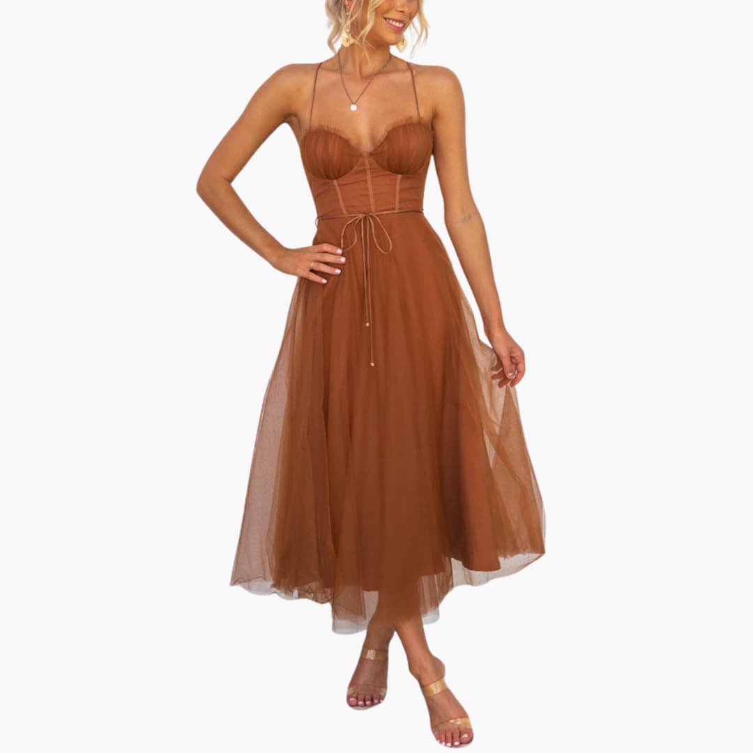 CM | maxi vestido de tul para mujer con tirantes finos y busto fruncido