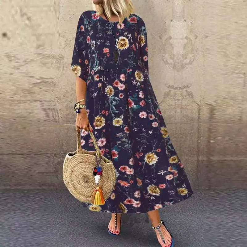 CM | Vestido largo de mujer - Estampado floral - Corte relajado - Mezcla transpirable - Cuello en V Mangas cortas