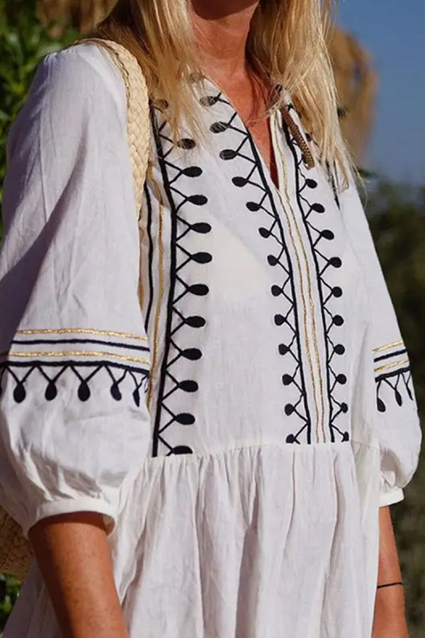 CM | Cuello en V Casual Bordado Suelto Manga Midi Vestido Midi