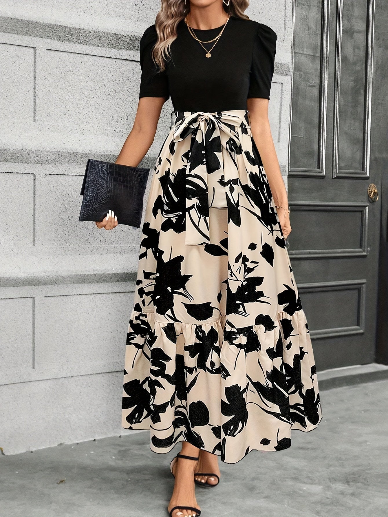 CM | Maxi Vestido de Mujer - Mangas cortas abullonadas - Lazo en la cintura - Corte en A - Estampado floral