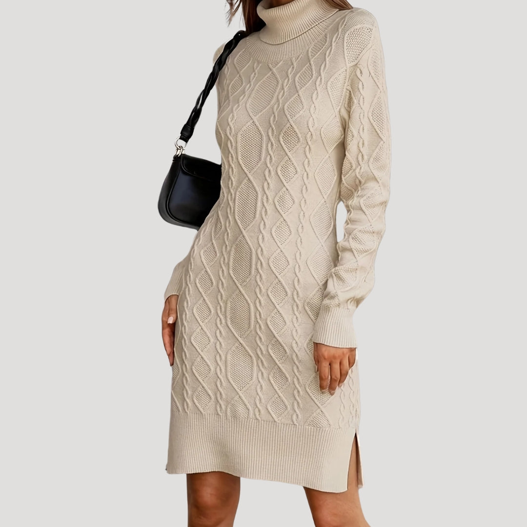CM | Mujer de punto de cable jersey de cuello alto mini vestido