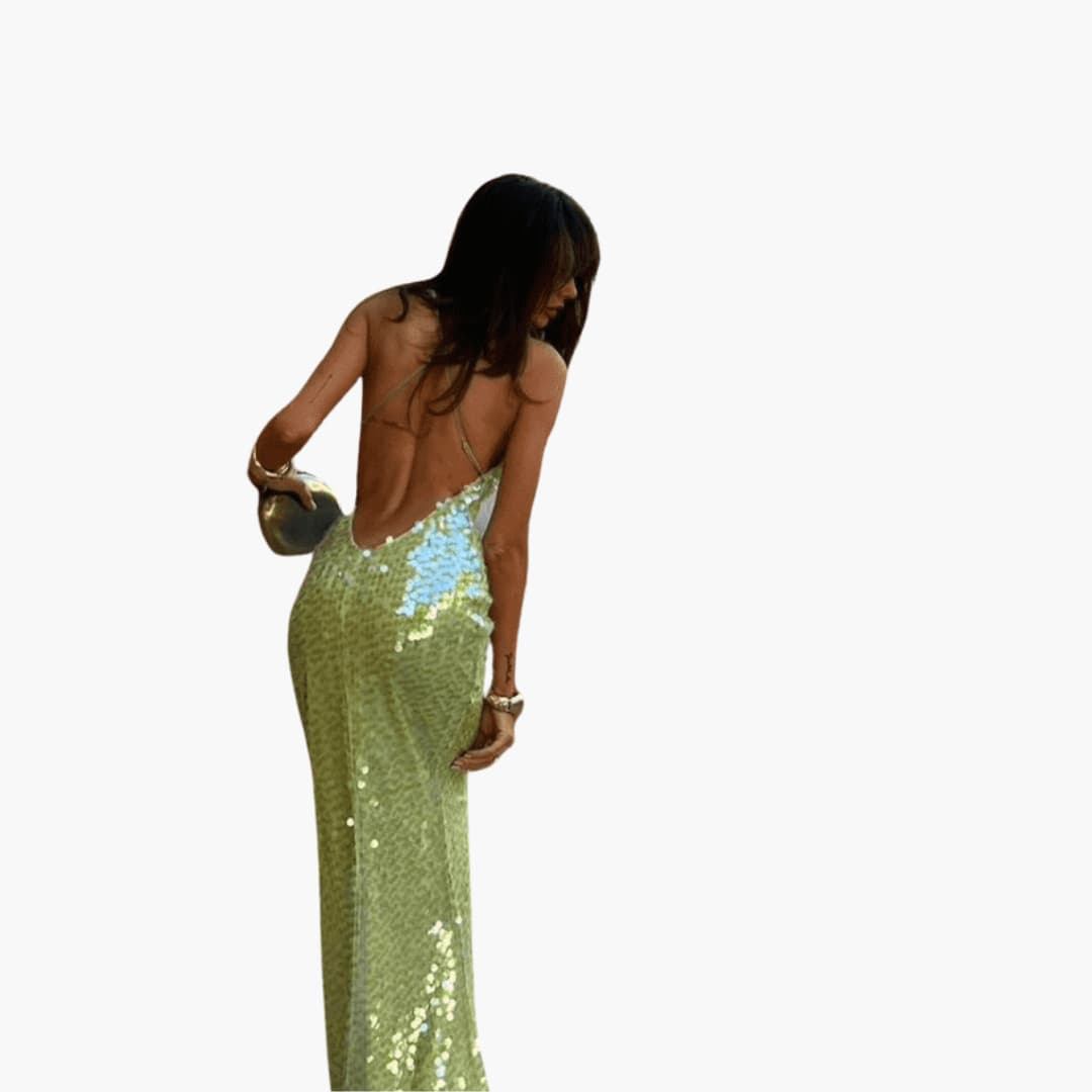 CM | maxi vestido de mujer con lentejuelas y escote barco sin mangas