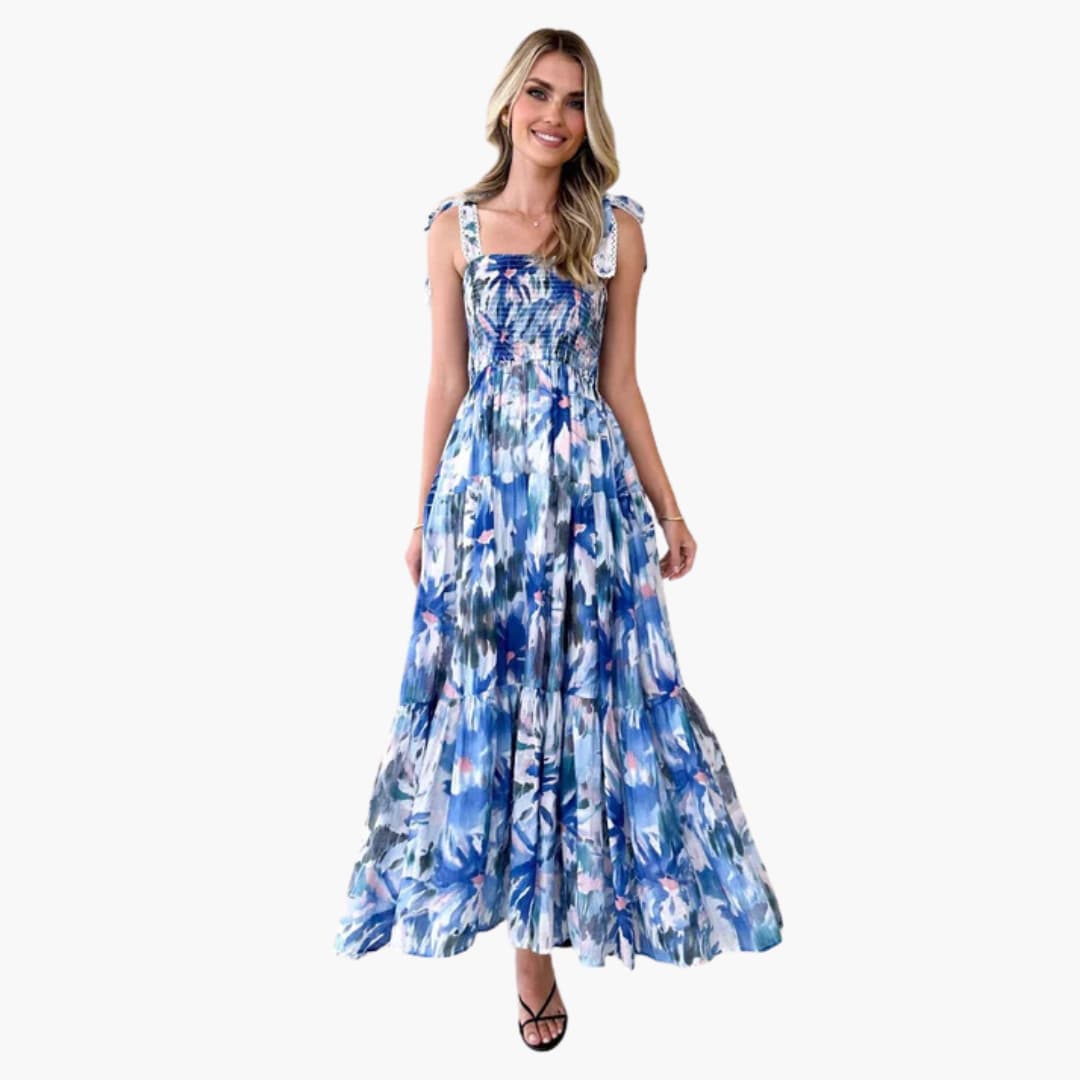 CM | maxi vestido de mujer de gasa con corpiño fruncido y falda con vuelo