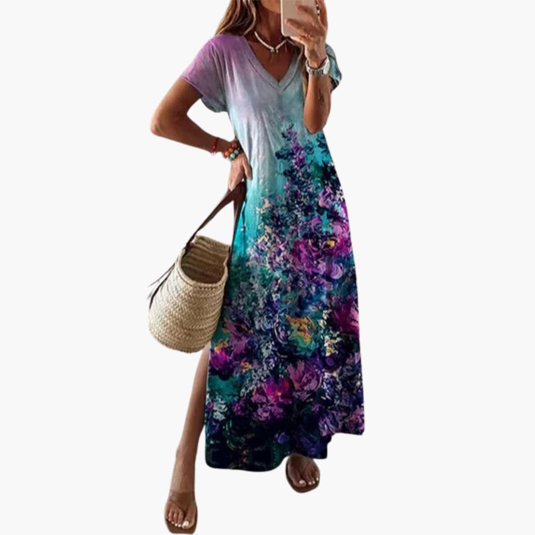 CM | maxi vestido floral de mujer con escote en V y abertura lateral