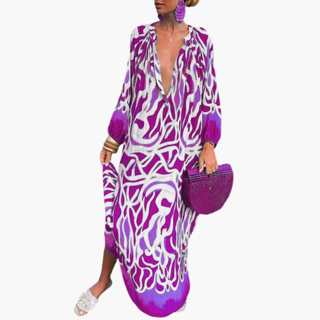 CM | Maxi vestido de mujer con manga larga y llamativo estampado