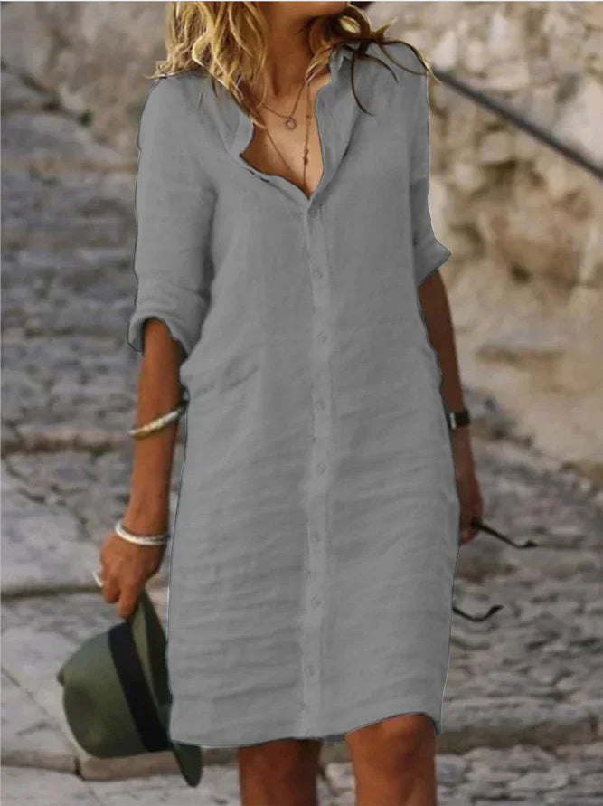 CM | Vestidos monocolor de algodón con vuelta y botones y media manga