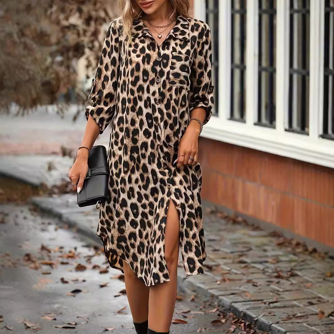 CM | LD leopardo impresión playa cover-up V-cuello albornoz vacaciones bikini vestido