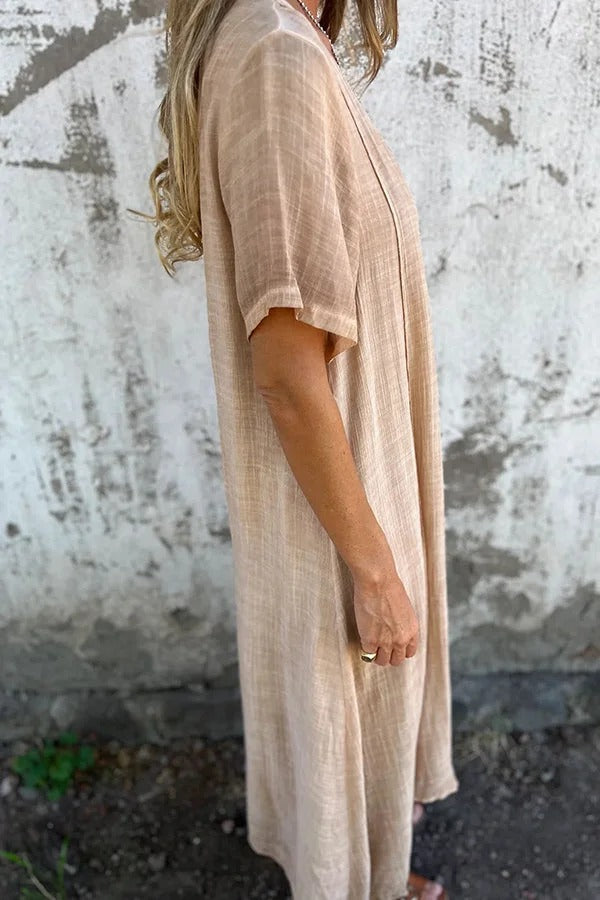 CM | Bayside Bliss vestido midi suelto plisado de manga corta en mezcla de lino