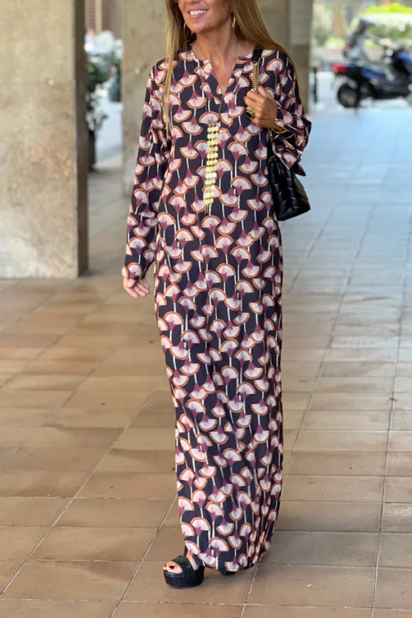 CM | Mujeres Moda Impreso V-Cuello Manga Larga Maxi Vestido