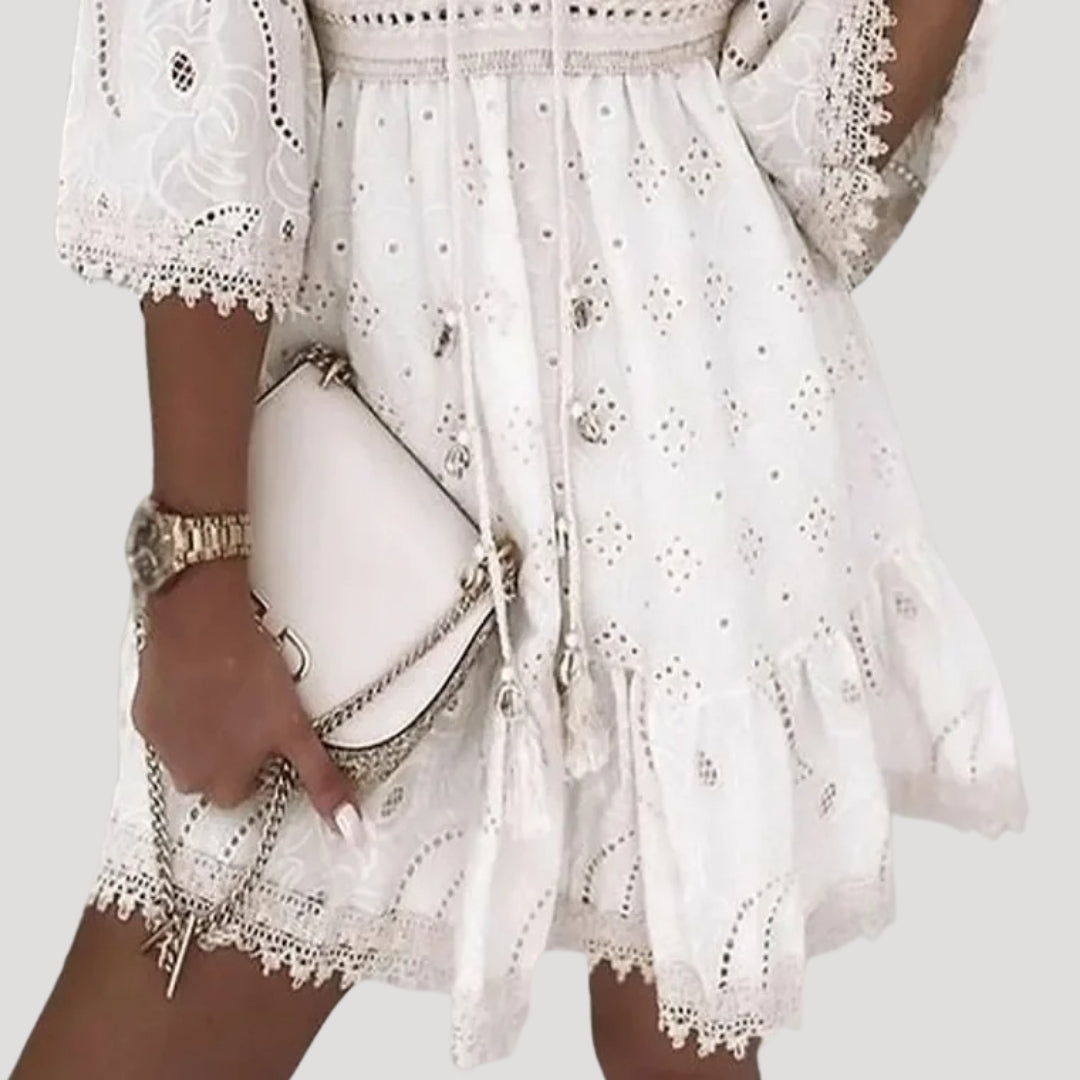 CM | Ladies Bordado Boho Verano Mini Vestido de Playa