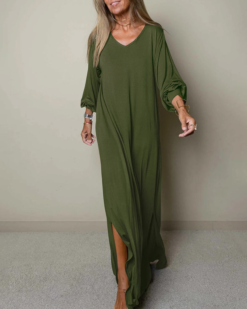 CM | Casual Clásico Manga Larga Cuello en V Maxi Vestido
