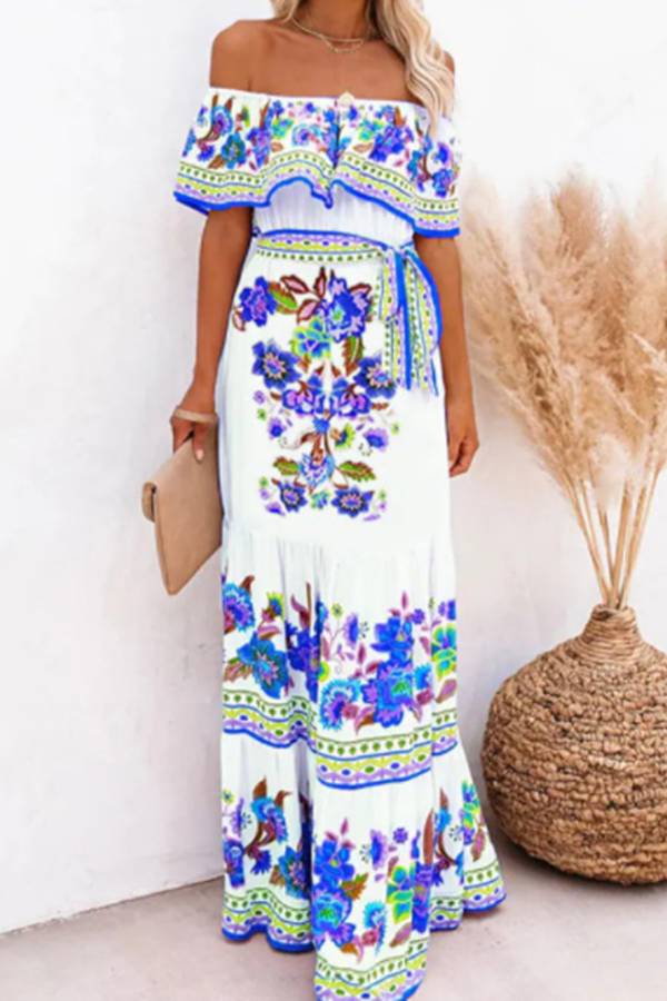 CM | Vestido largo estampado con hombros al aire