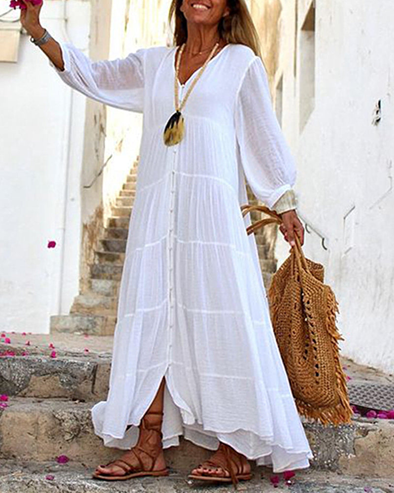CM | Boho Maxi Vestido Señoras Manga Larga Suelta Smock Sundress